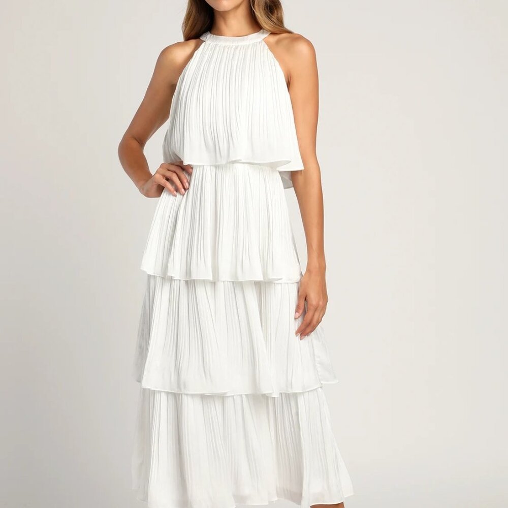 Lulus White Pleated Tiered Midi Dress Small Sold Out
